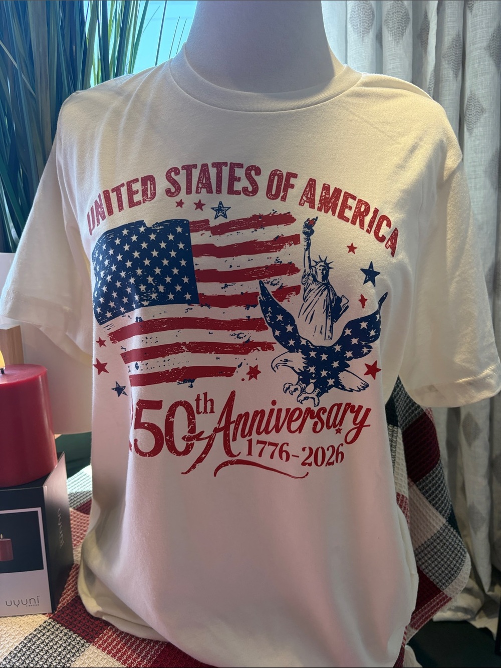Bella Canvas White Short Sleeve USA 50th Anniversary Graphic Tee - Red & Blue